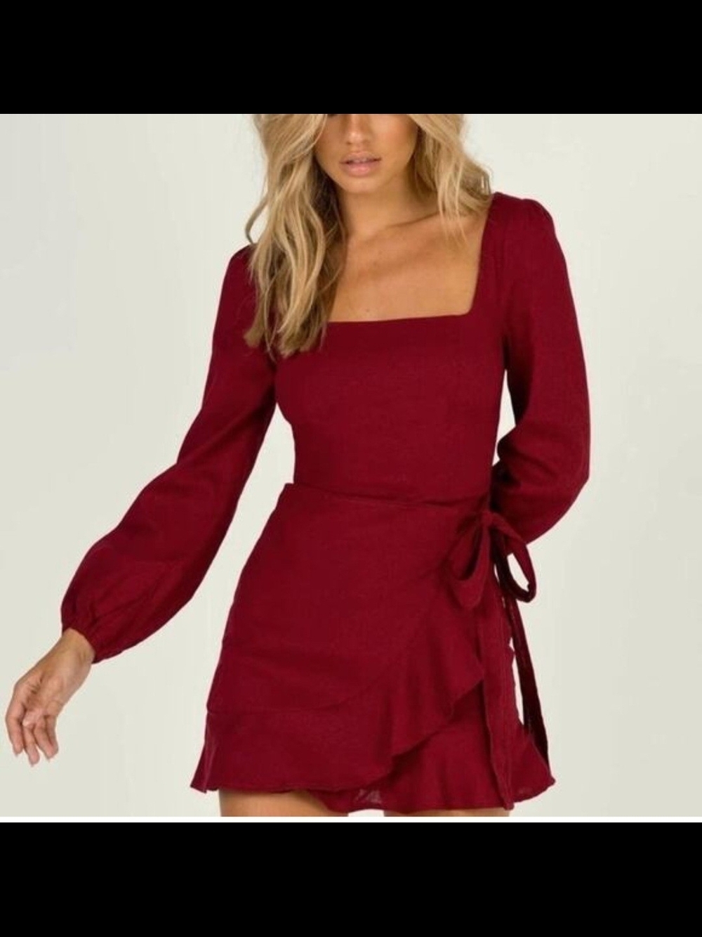 Princess Polly Burgundy Square-Neck Wrap Mini Dress Linen Blend Size 6